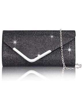 Women's Evening Bag w/Chain Envelope Shoulder Black3 Crossbody Handbags Sparkly